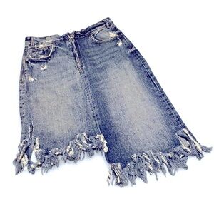 Distressed Denim Skirt with Frayed Hem